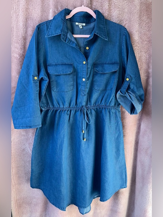 Dresses & Skirts - Denim Chambray Shirt Dress Drawstring Waist Roll Tab Sleeves